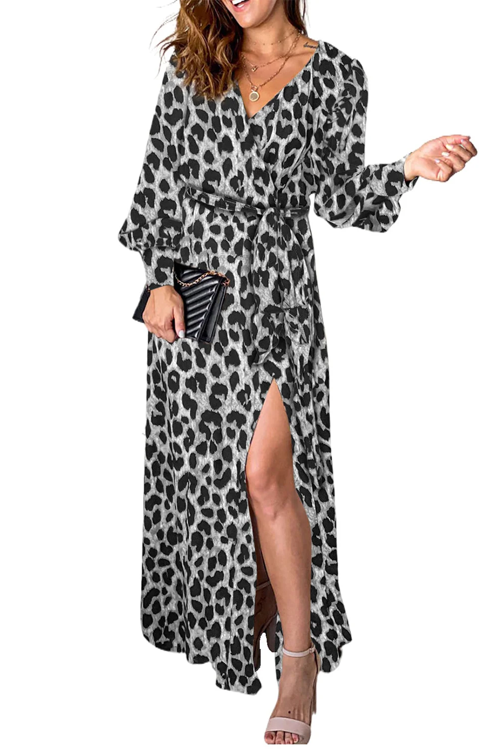 Women Black Sexy V Neck Cuffed Sleeve Leopard Maxi Dress