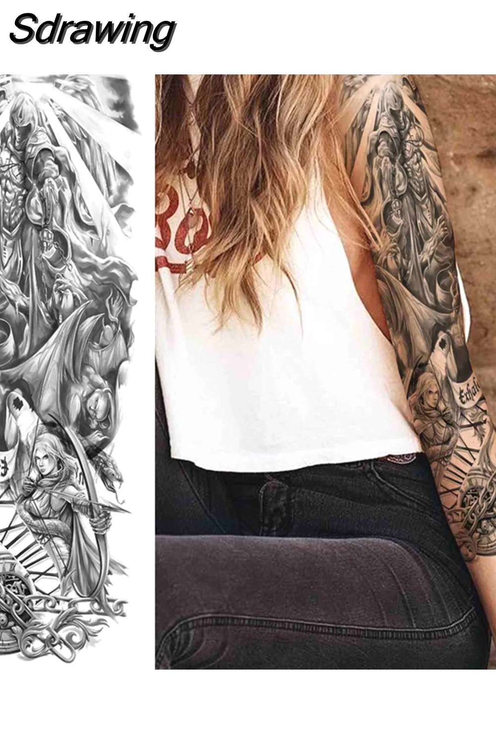 Sdrawing Totem Temporary Tattoo Sleeve For Men Women Adult Fake Flower Shoulder Tatoos Sticker Black Skull Tattoos Big Full Arm 521-0