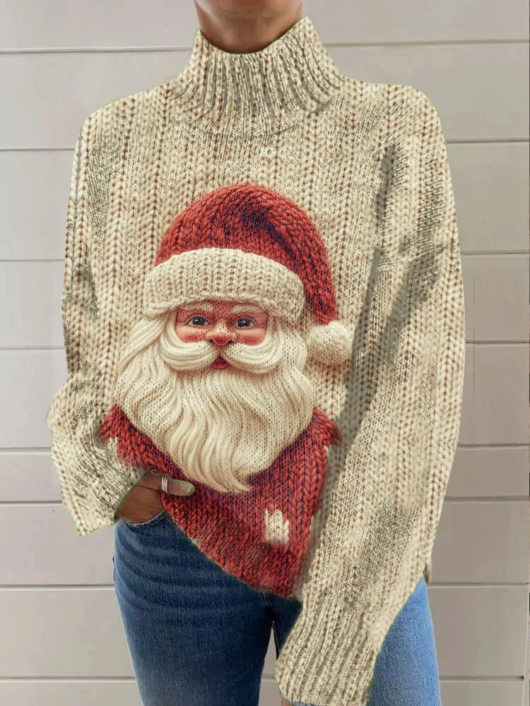 Women's Crochet Cute Santa Claus Print High Neck Knit Sweatshirt
