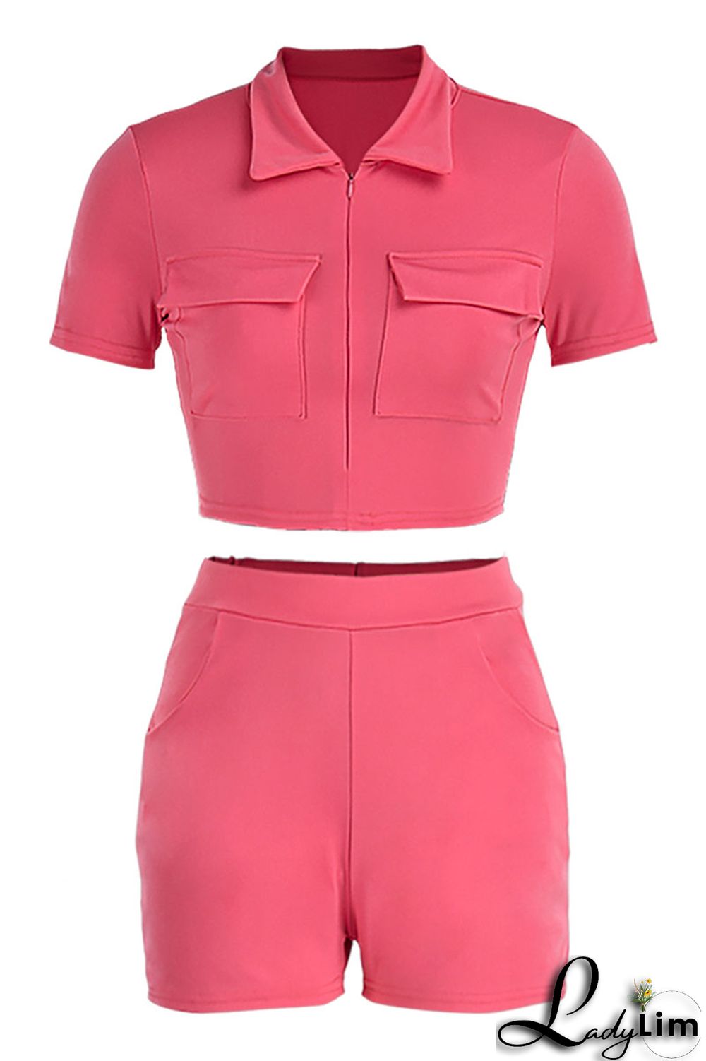 Black Fashion Casual Solid Basic Zipper Collar Short Sleeve Two Pieces