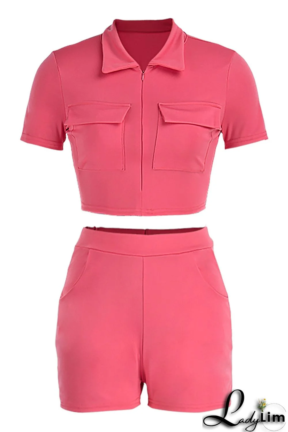 Black Fashion Casual Solid Basic Zipper Collar Short Sleeve Two Pieces