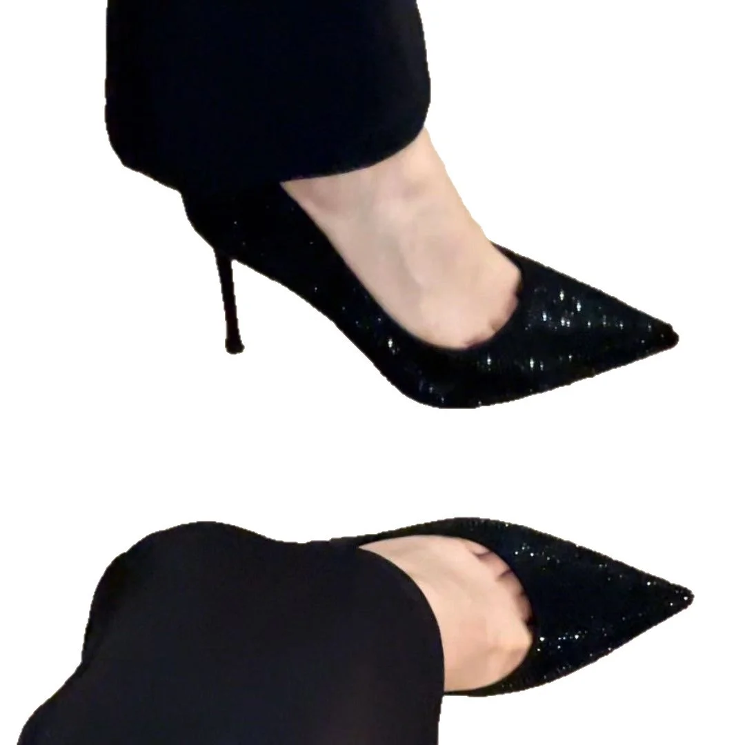 Breakj Breakj Red-Soled High Heels Women's Fine Heel 2025 Autumn/Winter Autumn And Winter New Sequin Crystal Wedding Shoes At The Tip Of Professional Sexy Single Shoes