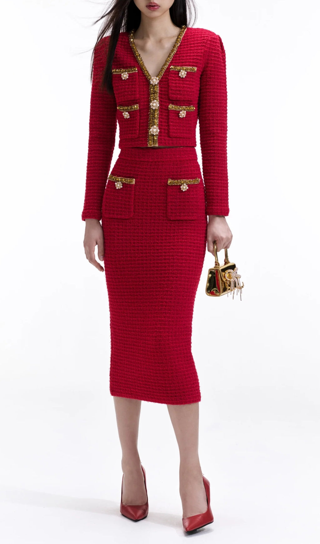 Allura Red Knit V Neck Cardigan Set Flowering Girl