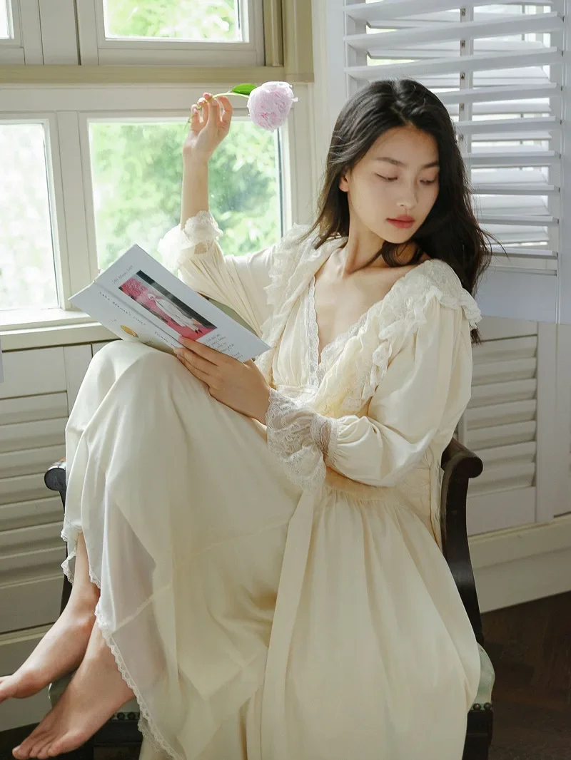 Alccn Sexy V Neck Nighty Robe Set Women Fairy Cotton Long Sleepwear Sweet Princess Nightwear Pijamas Set Vintage Apricot Nightgowns