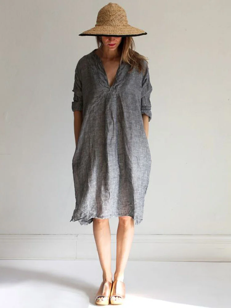Linen Casual Women's V-Neck Long Dress