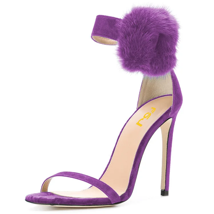 FSJ Purple Vegan Suede Prom Heels Faux Fur Buckle Heeled Sandals |FSJ Shoes