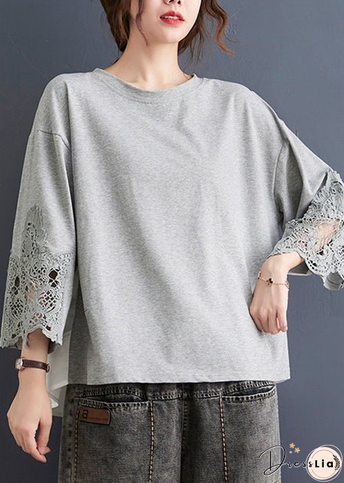 Women Grey Ruffled Lace Patchwork Cotton Tops Spring