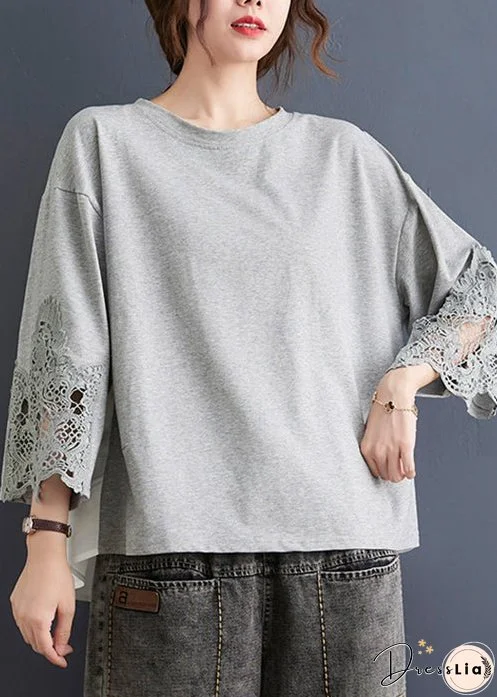 Women Grey Ruffled Lace Patchwork Cotton Tops Spring