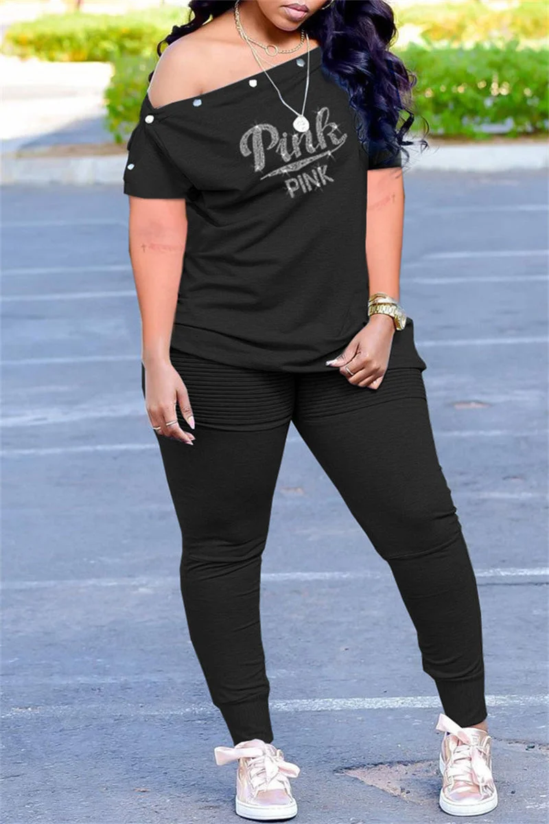 Fashion Casual Letter Hot Drilling Split Joint Oblique Collar Short Sleeve Two Pieces