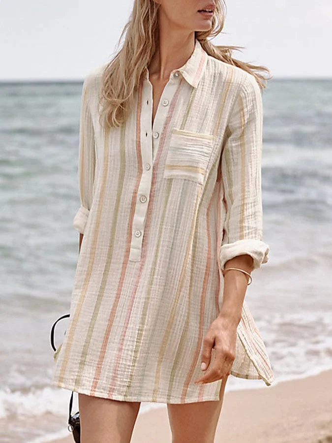 Women's Casual Lapel Striped Print Button Dress