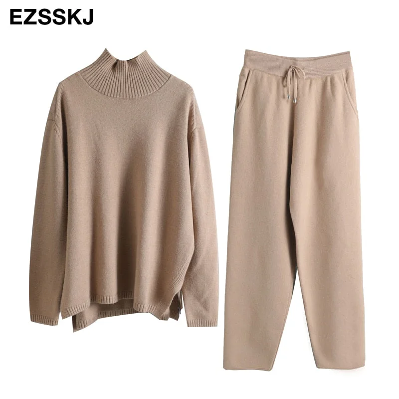 2 Pieces Set Women Knitted Tracksuit Turtleneck Sweater + Carrot Jogging Pants Pullover 2021  Sweater Set CHIC Knitted Outwear