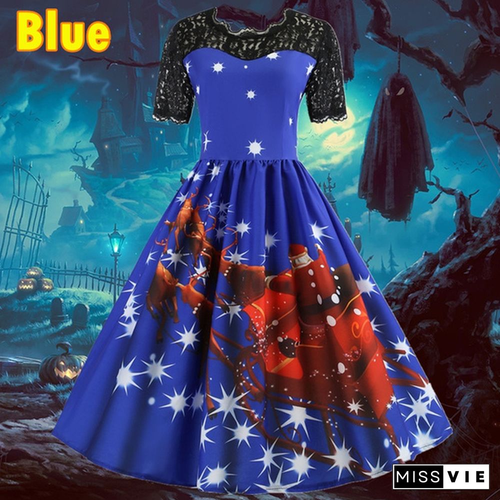 7 Colors Women Fashion Pumpkin Snowflake Print Dress Short Sleeve Lace Dress Christmas Halloween Costume Knee Length Party Dresses