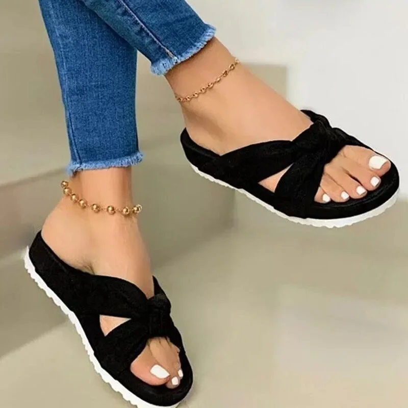 2021 Women Flock Knot Slippers Female Casual Open Toe Slides Ladies Summer Platform Flat Women's Comfortable Shoes Plus Size
