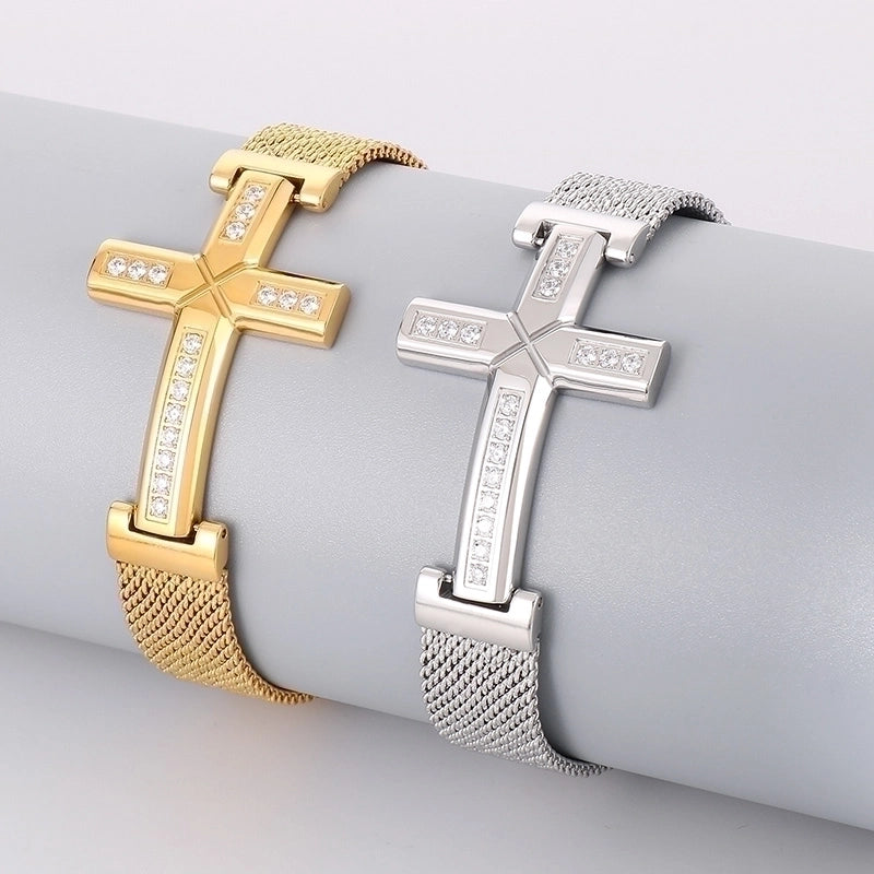 Retro Punk Cross Solid Color Titanium Steel Inlay Zircon 18K Gold Plated Men’S Bracelets