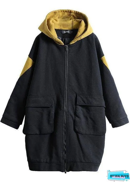 Unique Coffee hooded zippered Pockets Patchwork Winter Cotton Thick Coats Long sleeve