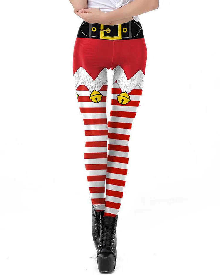 Mayoulove Red White Jingle Bell Shorts Pattern Printed Christmas Elf Leggings-Mayoulove