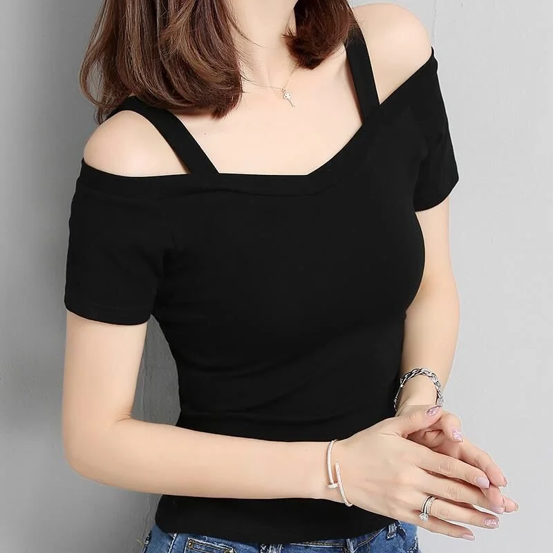 Uveng Uveng Summer Korean Version Of Off-Shoulder Short-Sleeve T-Shirt Women's Off-Shoulder Sexy Slim Student Jacket