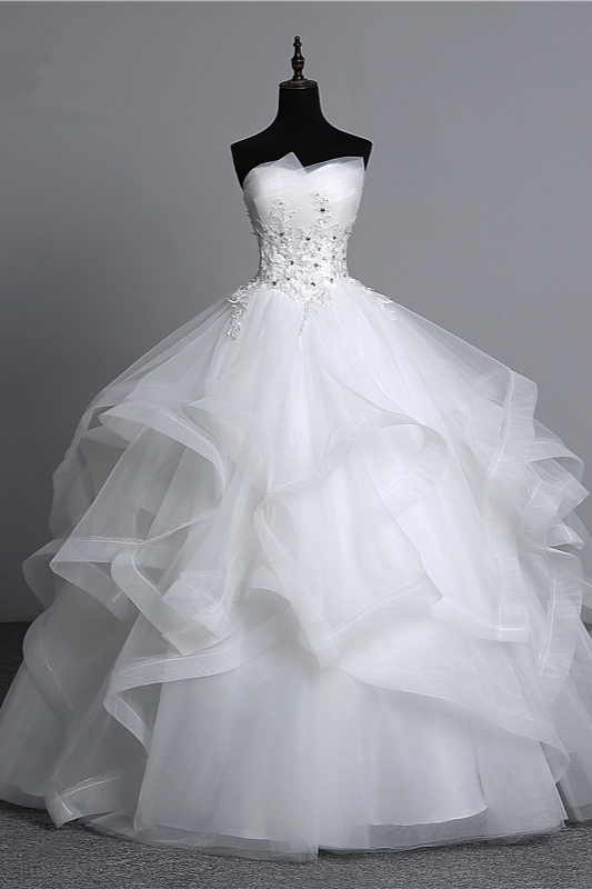 Bellasprom Elegant Long Ball Gowns Strapless Layers Wedding Gown With Appliques Beadings Bellasprom