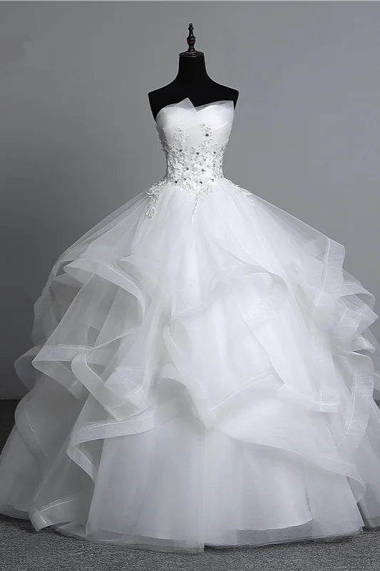 Long Ball Gowns Strapless Tulle Layers Wedding Dress With Appliques Beadings