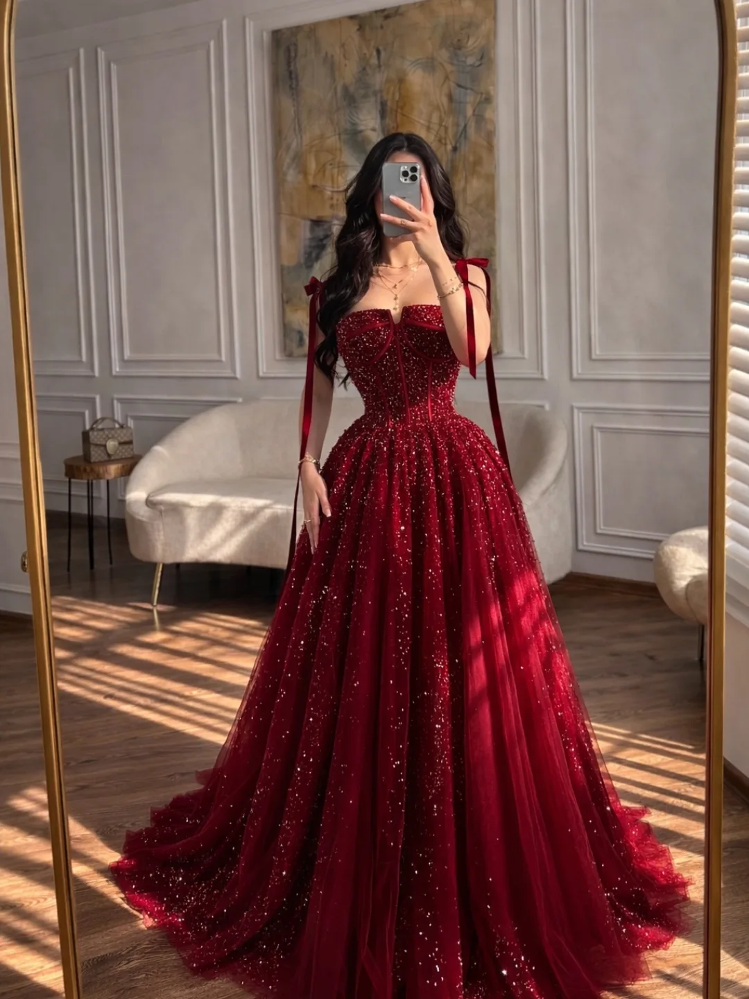 Lussooy Luxurious A-Line Spaghetti-Straps Beaded Tulle Burgundy Prom Dress