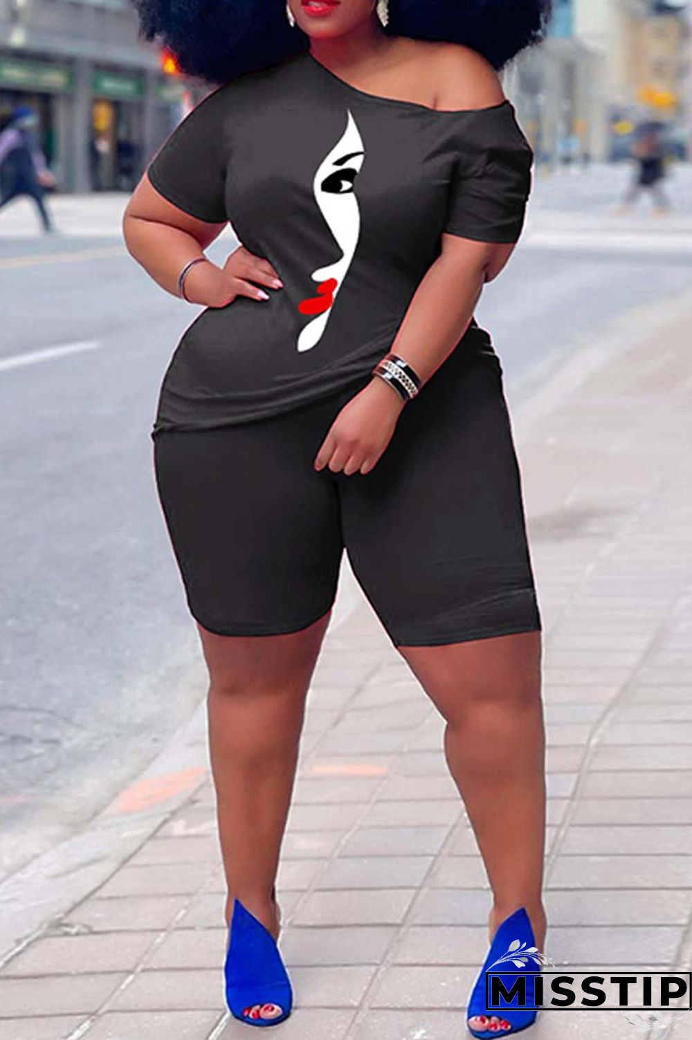 Orange Casual Print Basic Oblique Collar Plus Size Two Pieces