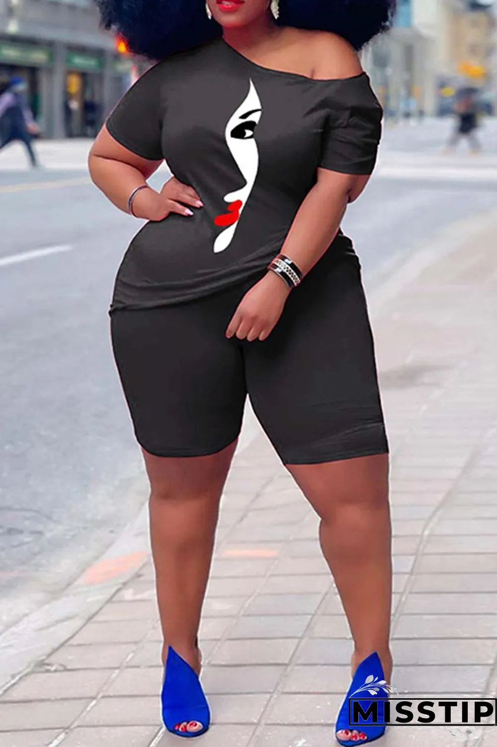 Orange Casual Print Basic Oblique Collar Plus Size Two Pieces