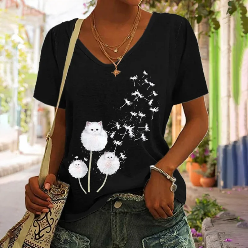 Dandelion Cat Print V-Neck Casual T-Shirt