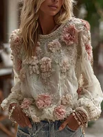 Women's Vintage Floral Art Print Comfy Long Sleeve T-shirt