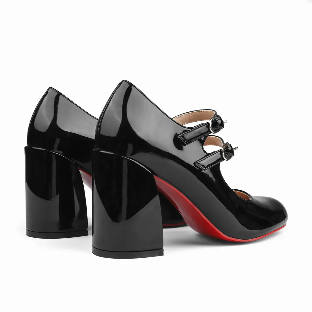 85mm Chunky Low Block Heels Mary Jane Closed Toe Work Pumps Comfortable Round Toe Dress Wedding Red Bottom Shoes-vocosishoes