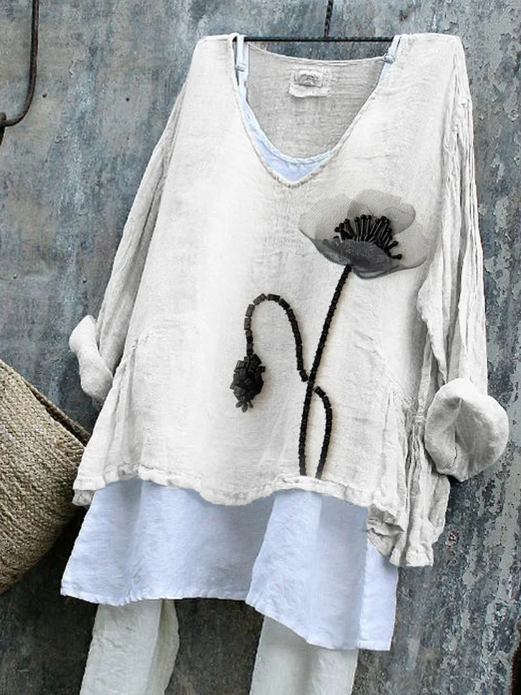 VChics Black Poppy Flower Beaded Fiber Art Linen Blend Tunic