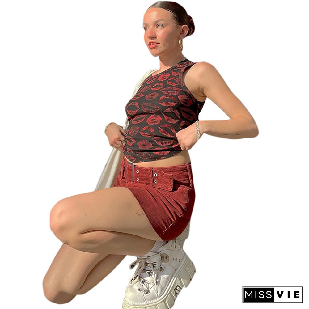 Y2k Aesthetic Lip Print Crop Tops Women Grunge Fairy Core Backless Tshirt Vintage Sweat Shirts Graphic Tee Streetwear