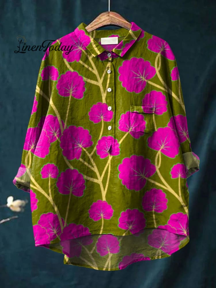 Women’s Vintage Flower Art Print Casual Cotton And Linen Shirt Multicolor / S