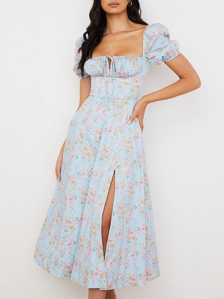Jacqueline 2022 Puff Sleeve Midi Floral Dress Women Retro Elegant Sexy Split Sundress Casual Ruched Drawstring Dresses Summer