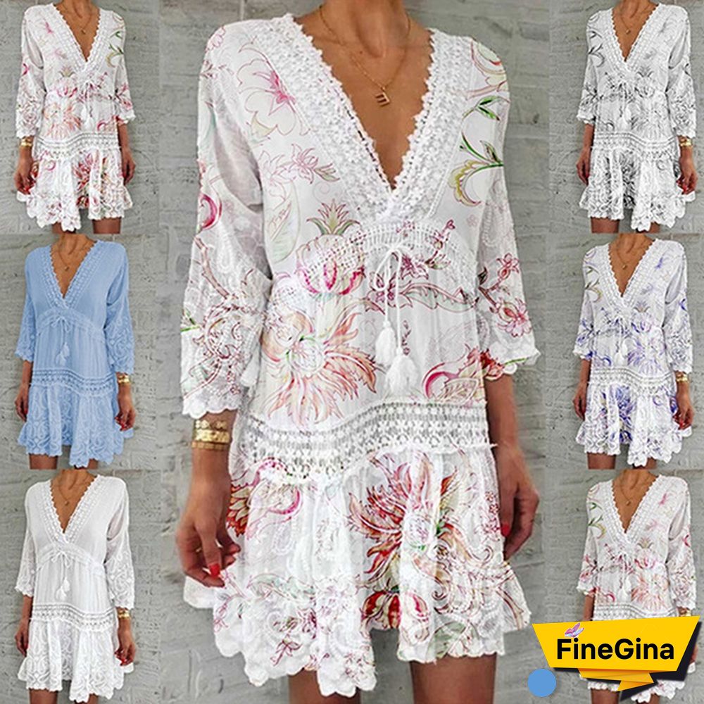 Women Fashion Floral Printed Dress Casual Beach Dress Summer V-neck Lace Dress Sexy Party Dress 3/4 Sleeve Boho Dress