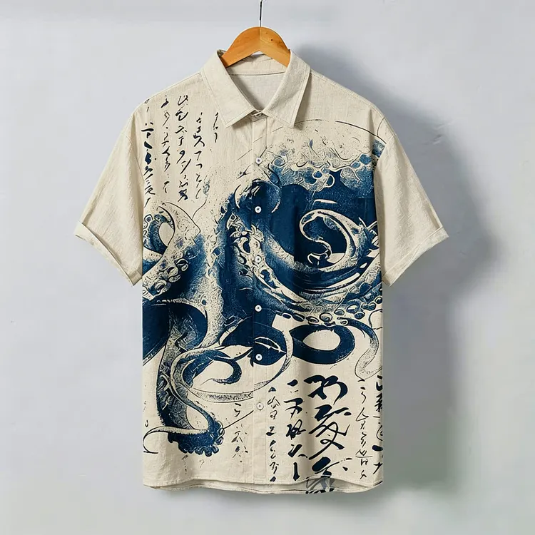 Men's Retro Octopus Ocean Design Cotton Linen Short-sleeve Shirt