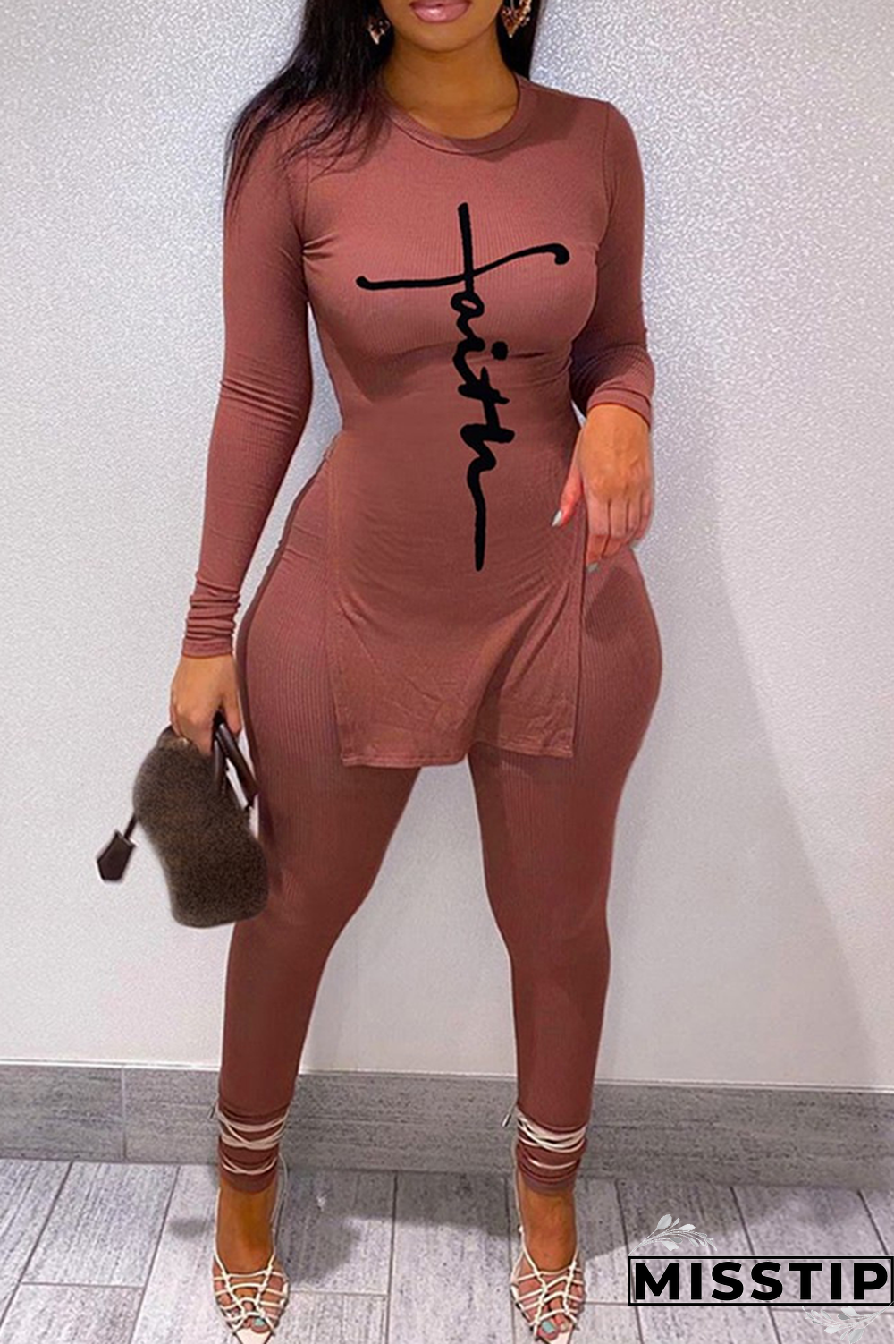 Green Casual Print Patchwork O Neck Long Sleeve Two Pieces