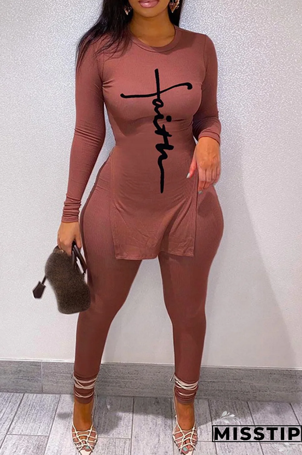 Green Casual Print Patchwork O Neck Long Sleeve Two Pieces