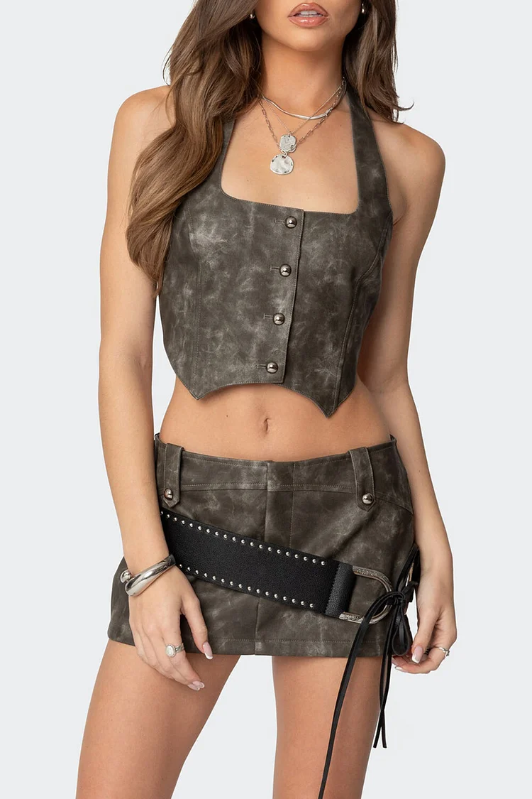 Faux Leather Halter Crop Top Low-Rise Mini Skirt 2pcs Set-Grey [Pre Order]
