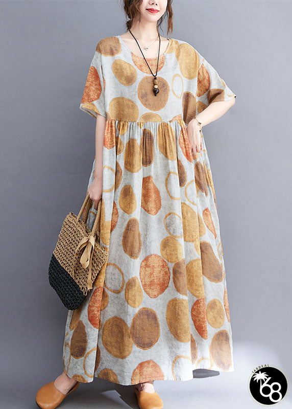 Plus Size Yellow O-Neck Wrinkled Dot Print Linen Long Dress Short Sleeve | 168DEAL
