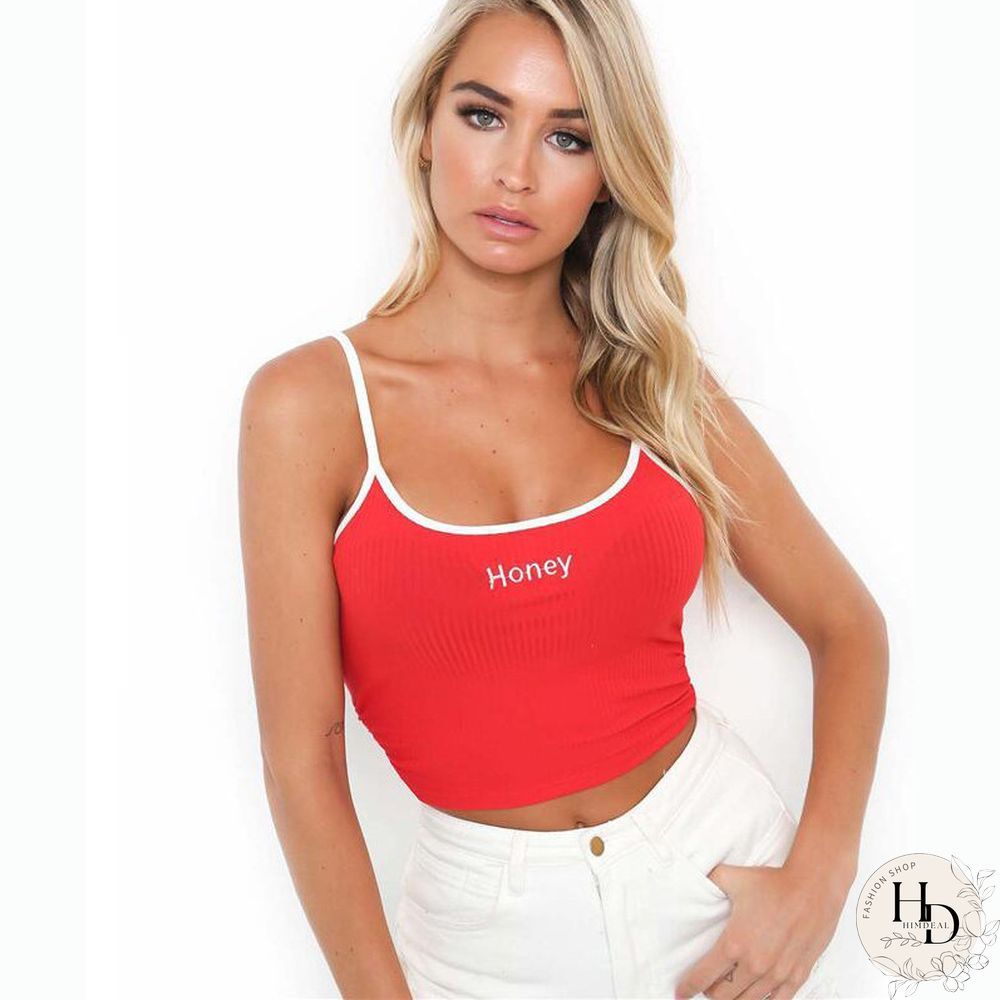 Sexy Women Crop Top Summer Honey Letter Embroidery Strap Tank Tops Cropped Feminino Ladies Elastic Shirt Vest Camisole