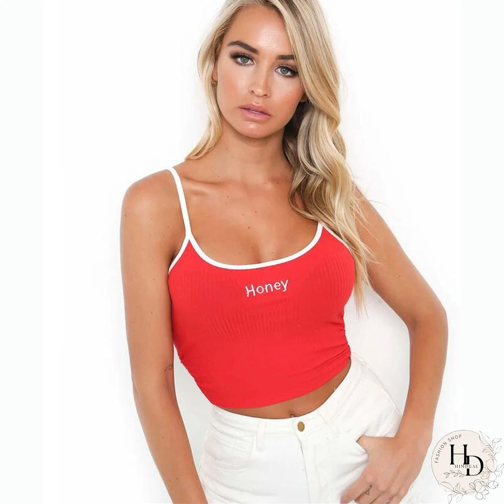 Sexy Women Crop Top Summer Honey Letter Embroidery Strap Tank Tops Cropped Feminino Ladies Elastic Shirt Vest Camisole