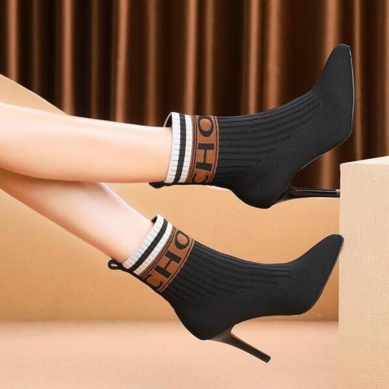 2021 Autumn Knitting Women's Boots Winter Shoes for Women Fashion High Heels Booties Woman Thin Heels Ankle Boots Martin Boots