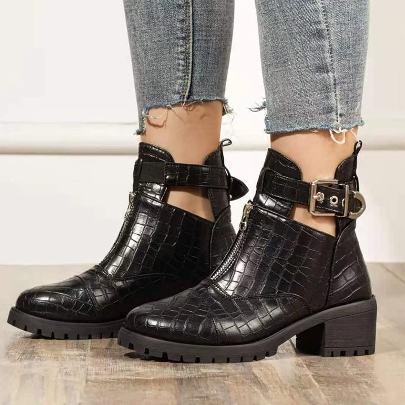 Autumn New Woman Boots PU leather Ankle Boots Round Toe Mid Heel Short Boots Fashion Buckle Outdoor Women's Shoes Plus Size 41