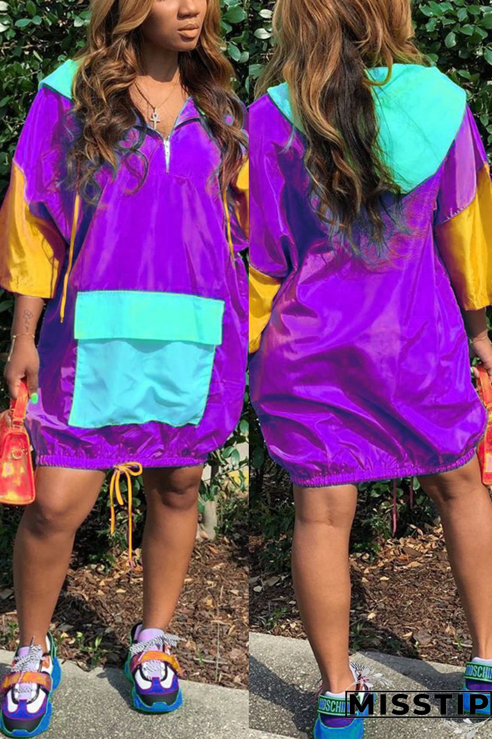 blue and green and Rose-carmine OL hooded Patchwork Solid Stitching Plus Size