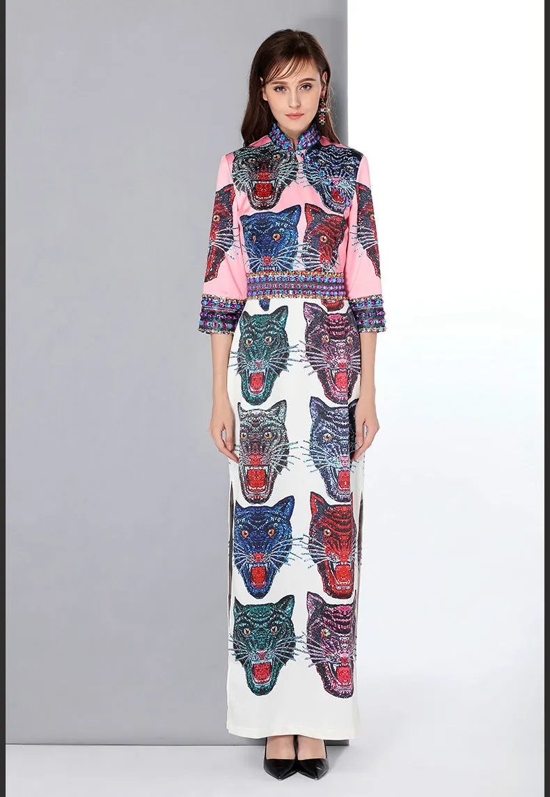 New Arrival Womens Stand Collar Sleeves Beaded Cartoons Printed Side Split Designer