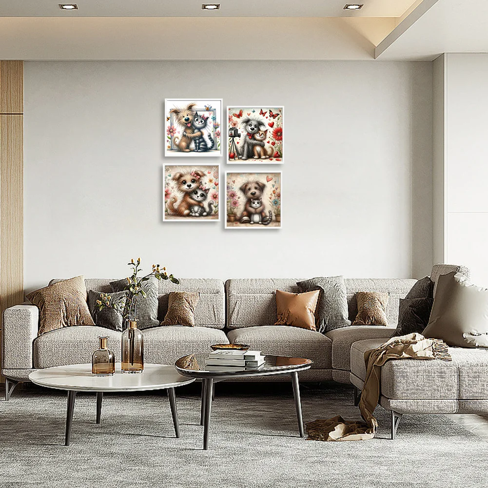 4pcs Diamond Painting - Full Round Drill - Warm Cats Dogs(Canvas|30*30cm)