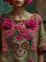 Day Of The Dead Pink Roses Sugar Skull Embroidered Linen Shirt