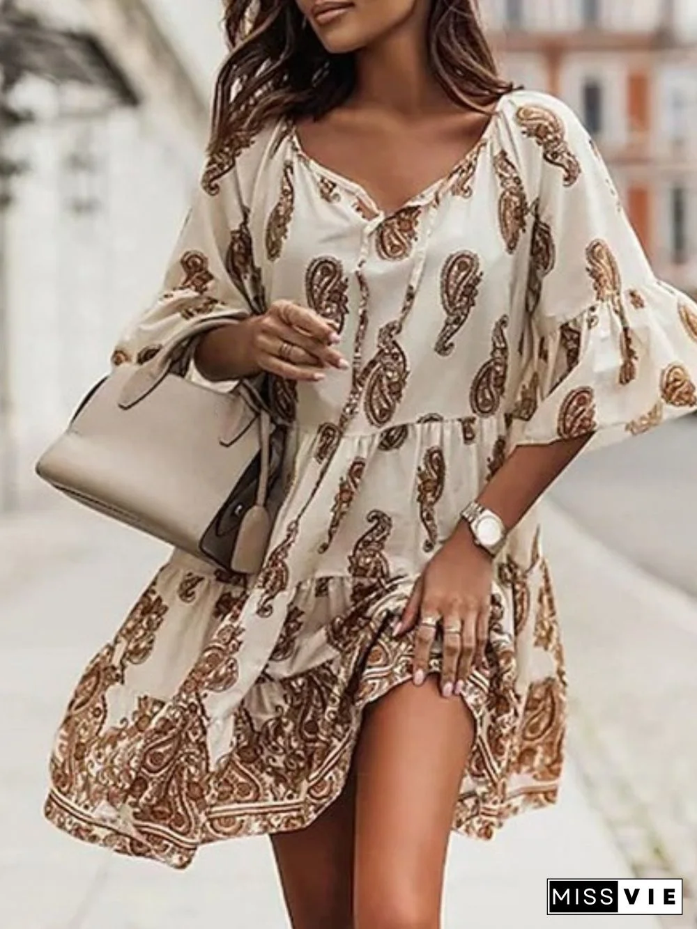 Casual Paisley V neck Loose Three Quarter Dresses