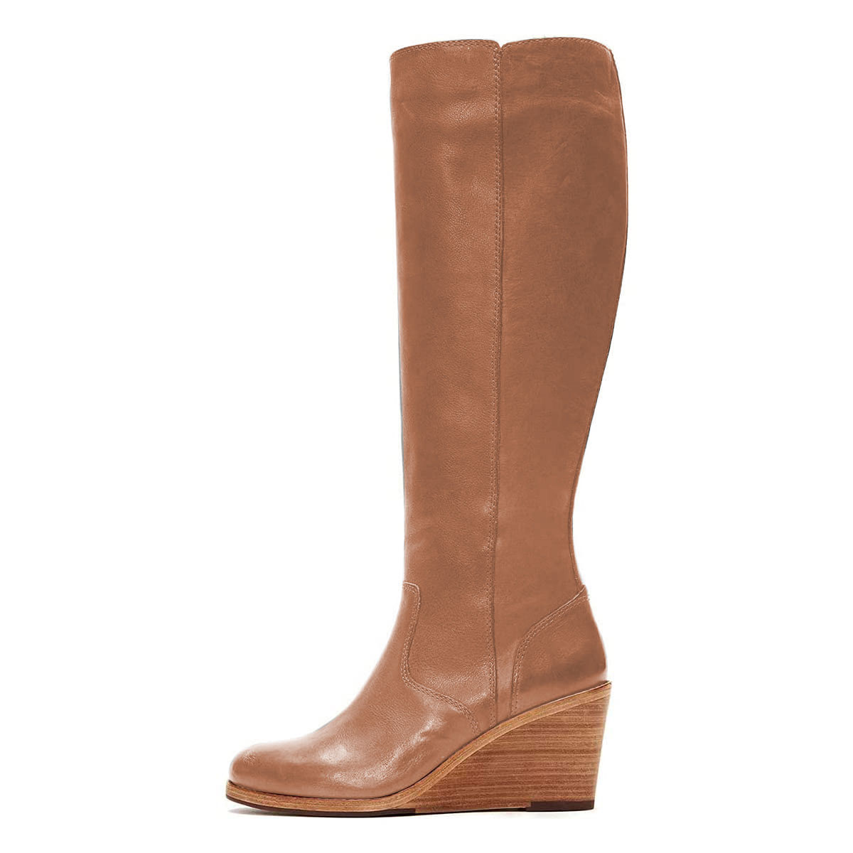 Brown Vegan Leather Round Toe Knee High Boots with Wedges