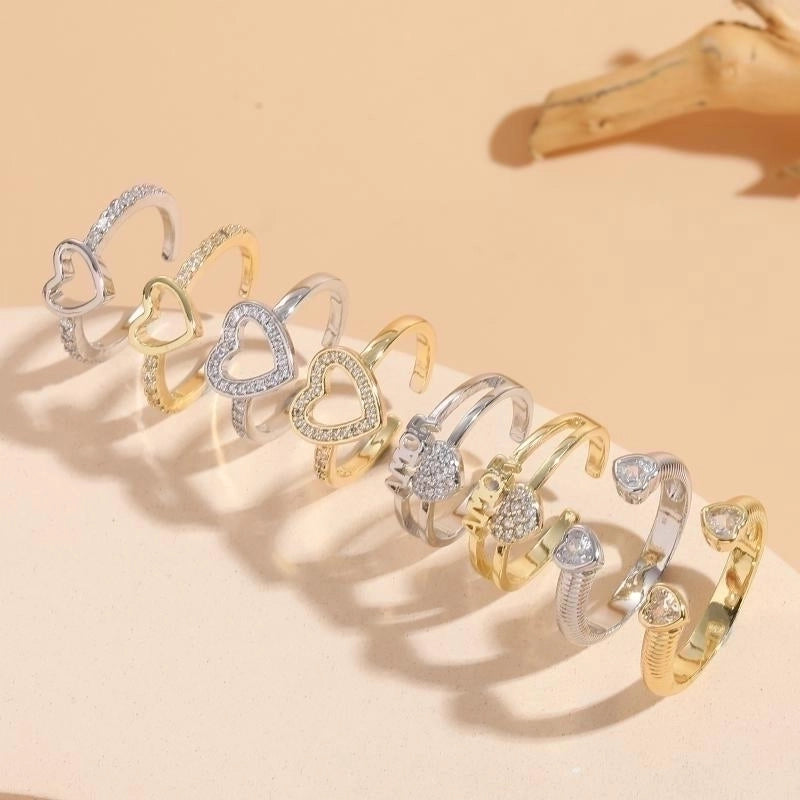 Glam Letter Heart Shape Copper Inlay Zircon 14k Gold Plated Open Ring